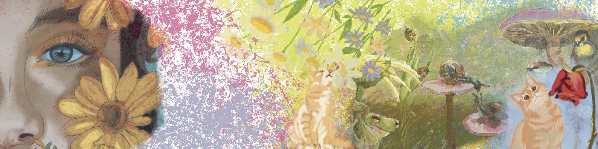 Aguarela de Marylelin Lelinsky — colagem poética com menina, gato, sapo e cogumelo